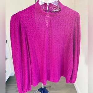 LOFT Fuchsia Lace Mock-Neck Long-Sleeve Blouse